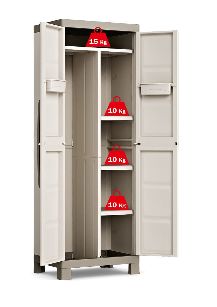 Keter Armoire Utilitaire Excellence - Armoire de Rangement en Résine Multifonctions - Étagères Modulables, Pieds Surélevés - Cuisine, Garage, Atelier, Placard - 68 x 39 x 182 cm - Sable/Terre - 2