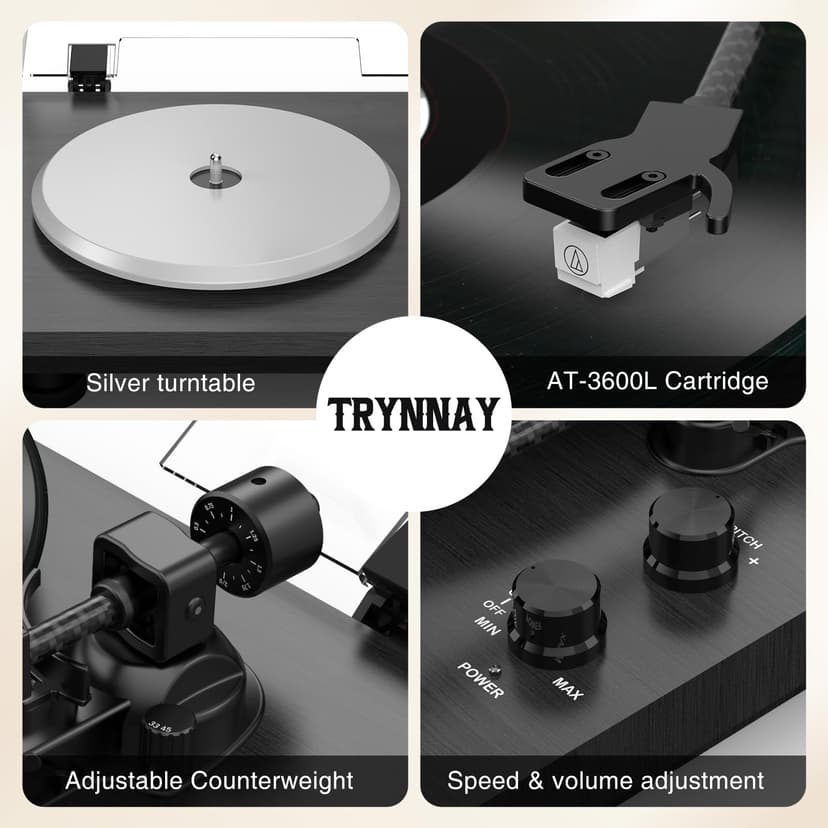 Trynnay Giradischi, Lettore con Contrappeso Regolabile, Bluetooth In/Out, 33/45 RPM, Riproduce Dischi in Vinile da 7/10/12 Pollici, Suono Hi-Fi per gli Appassionati di Musica, Nero - 4