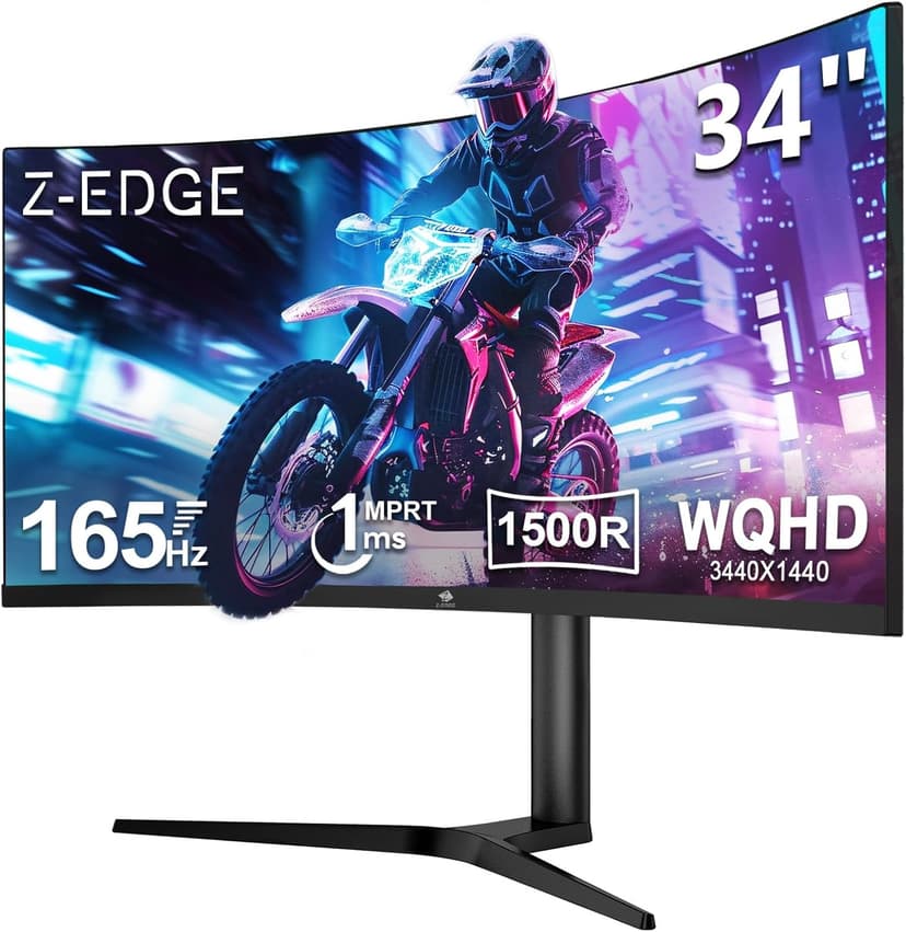 Z-Edge 34 Inch Ultrawide Curved Gaming Monitor 165Hz 1ms MPRT 21:9 3440x1440 UWQHD 1500R VA Panel, sRGB 100%, Height Adjustable, Adaptive Sync, DisplayPort (165Hz) HDMI (100Hz), PIP/PBP - 1