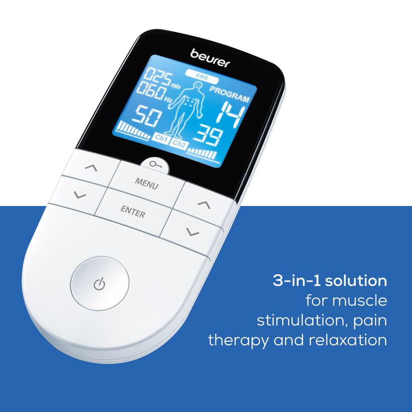 Beurer EM49 PainFree Digital TENS and EMS Machine | Drug-free natural pain relief | 3-in-1 pain relief, rehabilitation and massage | 70 training programmes | 2 channels | 4 self-adhesive electrodes - 3
