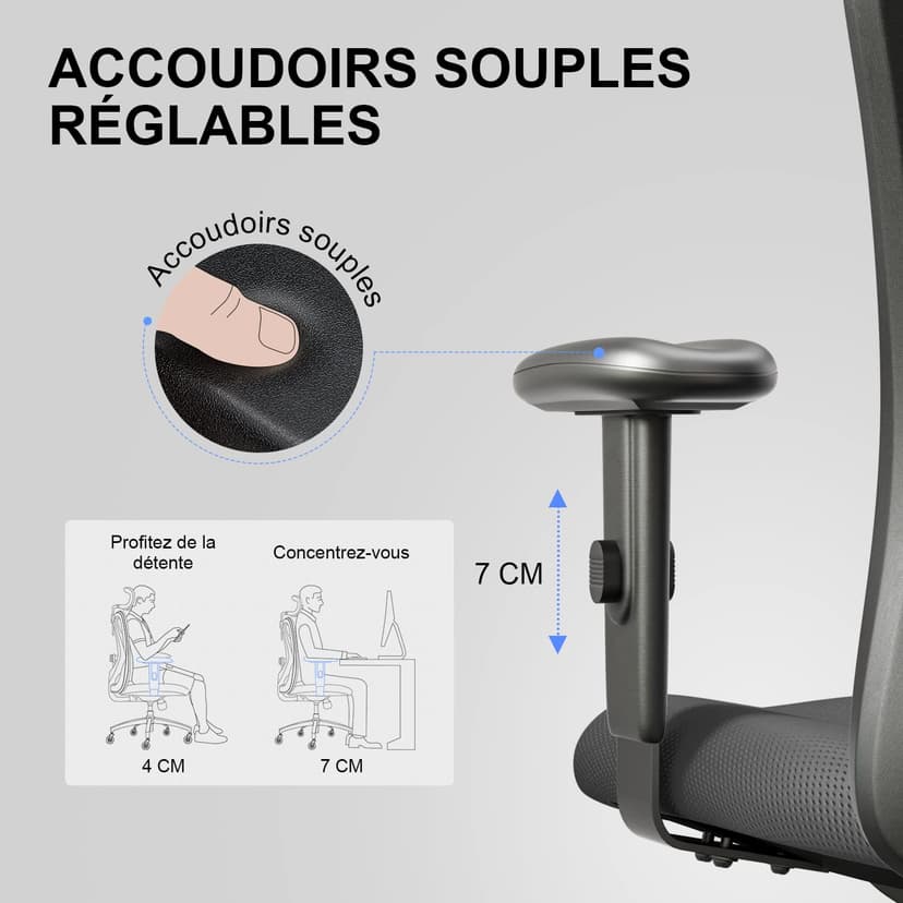 SIHOO Chaise de Bureau Ergonomique, Fauteuil de Pivotant en Maille Avoir Soutien Lombaire et Accoudoir Réglable, Capacité Maximal de 150 KG,Noir - 9