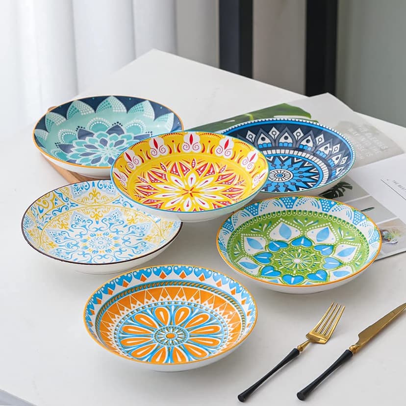 AHX Pasta Bowls Set of 6, 23 oz Shallow Ceramic Bowls for Pasta, Salad, Soup & More - Microwave, Dishwasher & Oven Safe - Colorful Pasta Bowls - 7