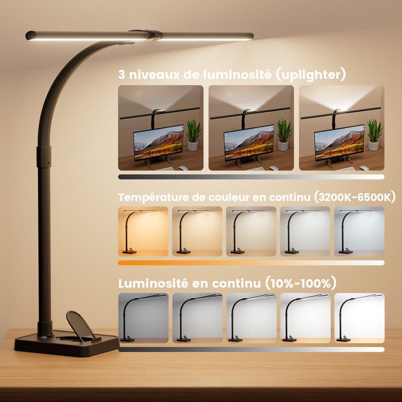 Double Head Desk Lamp LED Dimmable 24 W 80 cm Clampable Daylight Lamp Gooseneck Office Table Lamp Eye Protection Workplace Light Monitor Lamp Desktop Base with Mobile Phone Holder, Black - 2