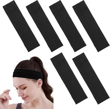 6 Black Elastic Sports Headbands, Sweat Absorbent Yoga He…