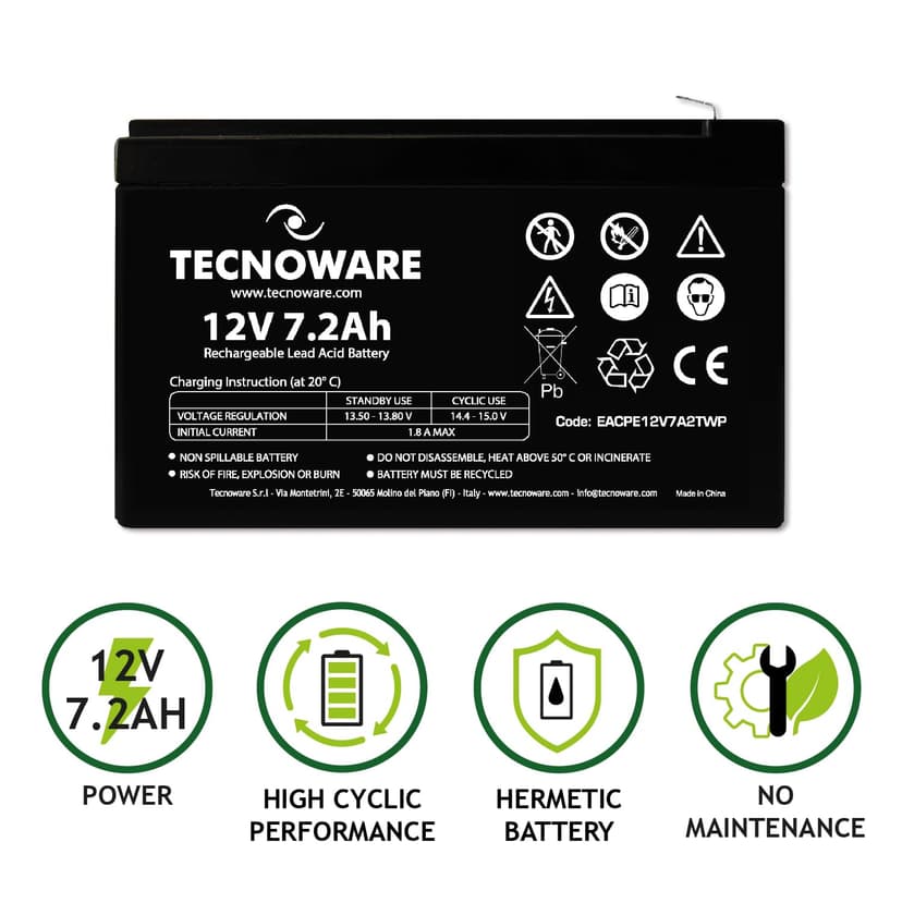 Tecnoware Power Systems - 12V Charge 7.2 Ah Lead-Acid Sealed Battery, for UPS, Video Surveillance and Alarm Systems, 2.5 Inch Faston Connection, Long Lasting, No Maintenance, Bianco, Size 7.2 Ah - 2