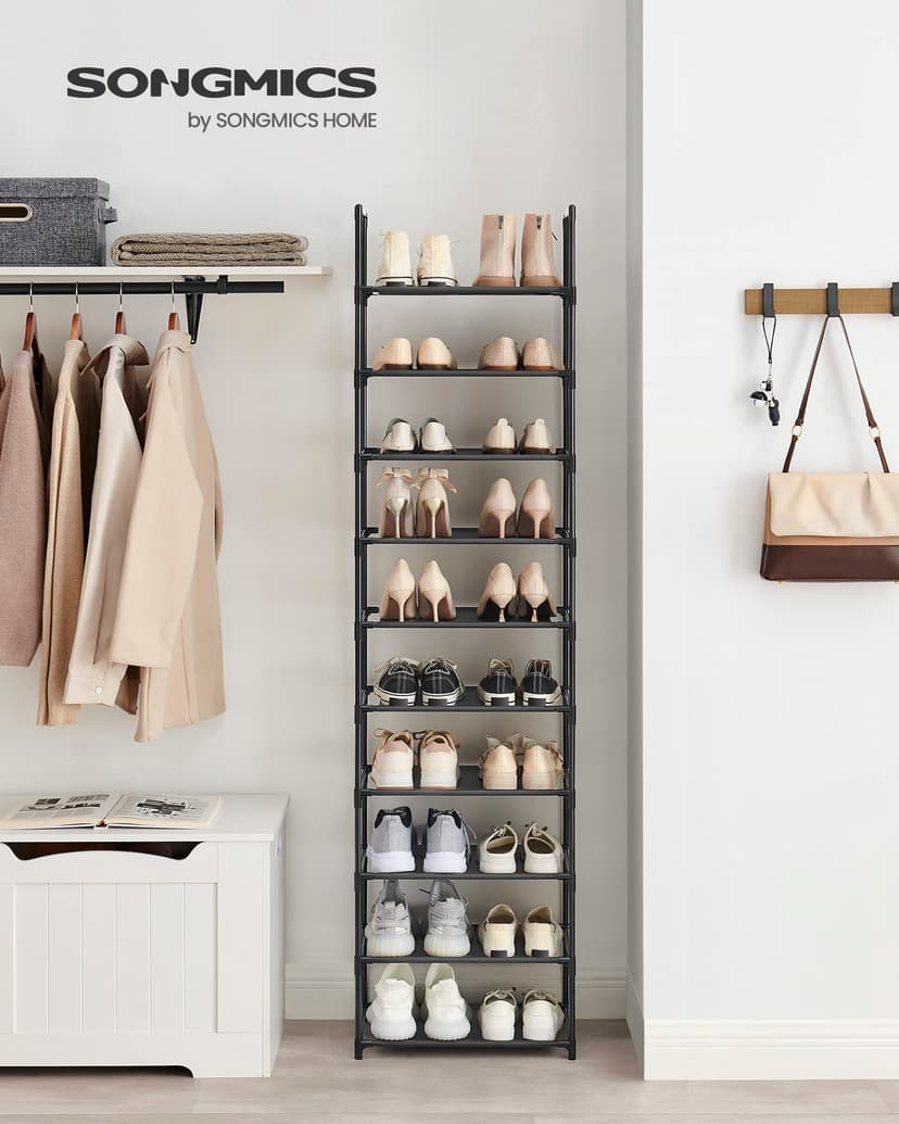 SONGMICS 10-Tier Shoe Rack, Shoe Stand, Space-Saving Shoe Storage, 45 x 28 x 173 cm, Metal Frame, Non-Woven Fabric Shelves, for Hallway, Bedroom, Black LSH010B02 - 2