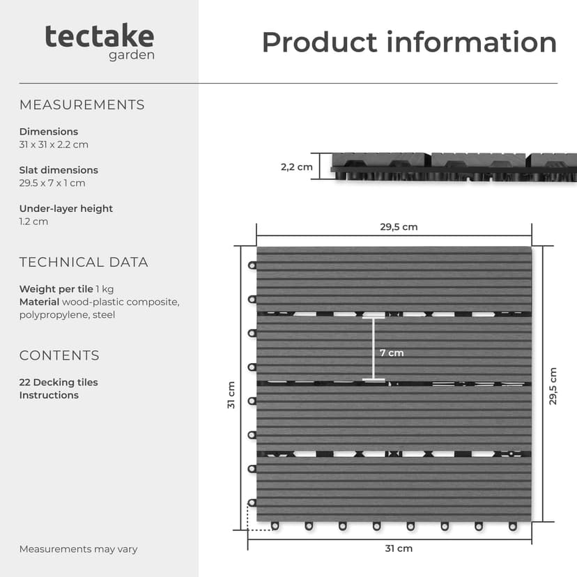 tectake® 22-Piece Decking Tile Set in Wooden Look, 31 x 31 cm per Tile, 2.1142m² Total Area, Easy Interlocking Click System, Non-Slip & Weather-Resistant WPC - Garden & Patio Decking Tiles - Grey - 6