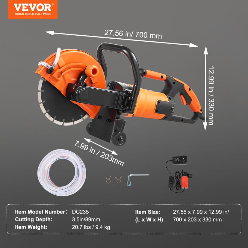 VEVOR Electric Concrete Saw, 230mm, Circular Saw High Power 2000W Cutting Depth 89mm Wet/Dry Disc Saw with Water Pipe, Water Pump, Blade, for Stone and Brick - 7
