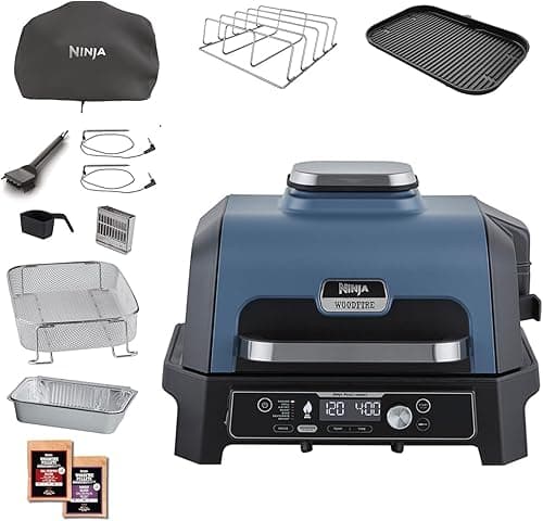 Ninja Woodfire Pro Connect XL Barbecue Électrique & Fumoir avec Contrôle d'Application, 2 Sondes, Grille, Housse, Revêtements & Brosse, Grill & Friteuse sans huile 7-en-1, Bleu & Noir OG901EUAMZ