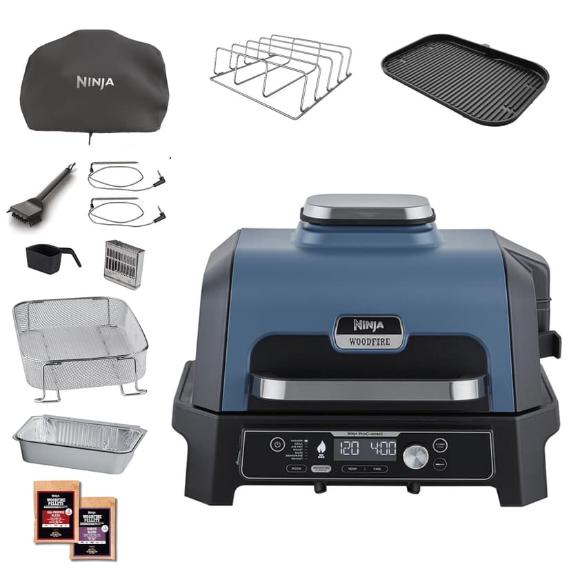 Ninja Woodfire Pro Connect XL Barbecue Électrique & Fumoir avec Contrôle d'Application, 2 Sondes, Grille, Housse, Revêtements & Brosse, Grill & Friteuse sans huile 7-en-1, Bleu & Noir OG901EUAMZ - 1