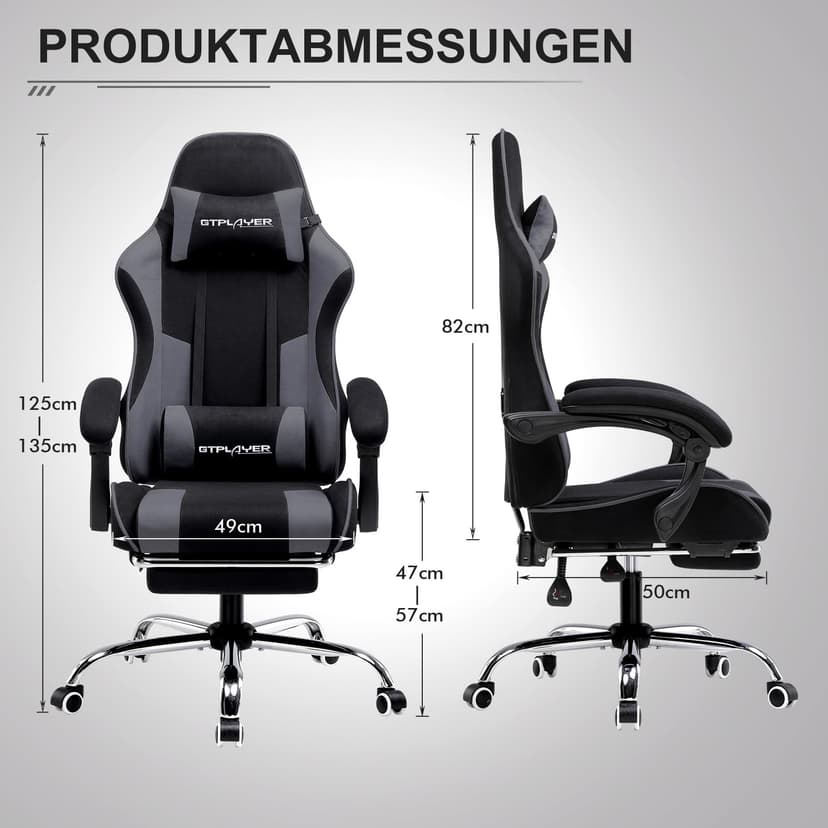 GTPLAYER Chaise de Gaming en Tissu - Ergonomique - avec Repose-Pieds - Appuie-tête - Coussin Lombaire - Rembourré - Pivotant, Supporte 150 kg, Gris - 3