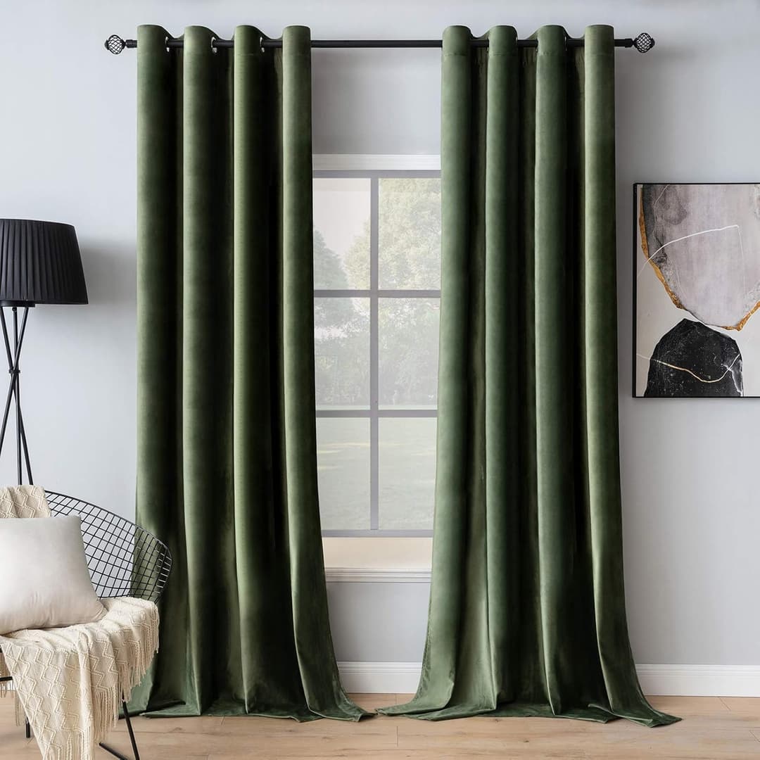 MIULEE Olive Green Velvet Curtains for Bedroom 2 Panel Set 96 Inch Drop Curtains, Soft Elegent Home Decor Velvet Curtain Living Room, Sun Blocking Room Darkening Thermal Eyelet Curtain 55x96 Inch