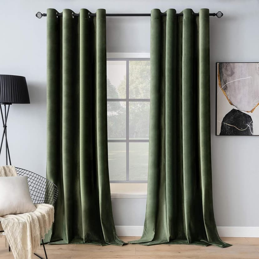 MIULEE Olive Green Velvet Curtains for Bedroom 2 Panel Set 96 Inch Drop Curtains, Soft Elegent Home Decor Velvet Curtain Living Room, Sun Blocking Room Darkening Thermal Eyelet Curtain 55x96 Inch - 1