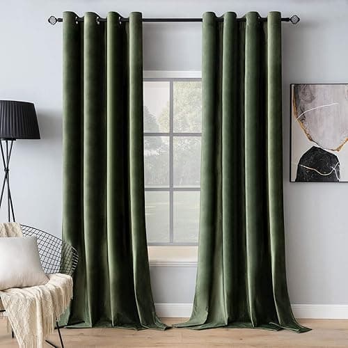 MIULEE Olive Green Velvet Curtains for Bedroom 2 Panel Set 96 Inch Drop Curtains, Soft Elegent Home Decor Velvet Curtain Living Room, Sun Blocking Room Darkening Thermal Eyelet Curtain 55x96 Inch