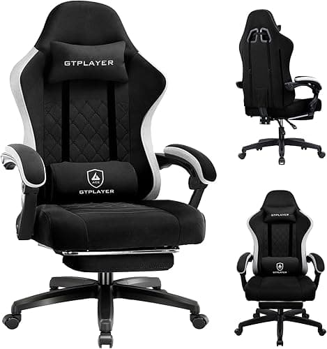 GTPLAYER Gaming Chair, Ergonomic Gaming Chair, Desk Chair with Fabric Surface, Spring Seat Cushion, Connecting Armrests and Footrest, Dark Black