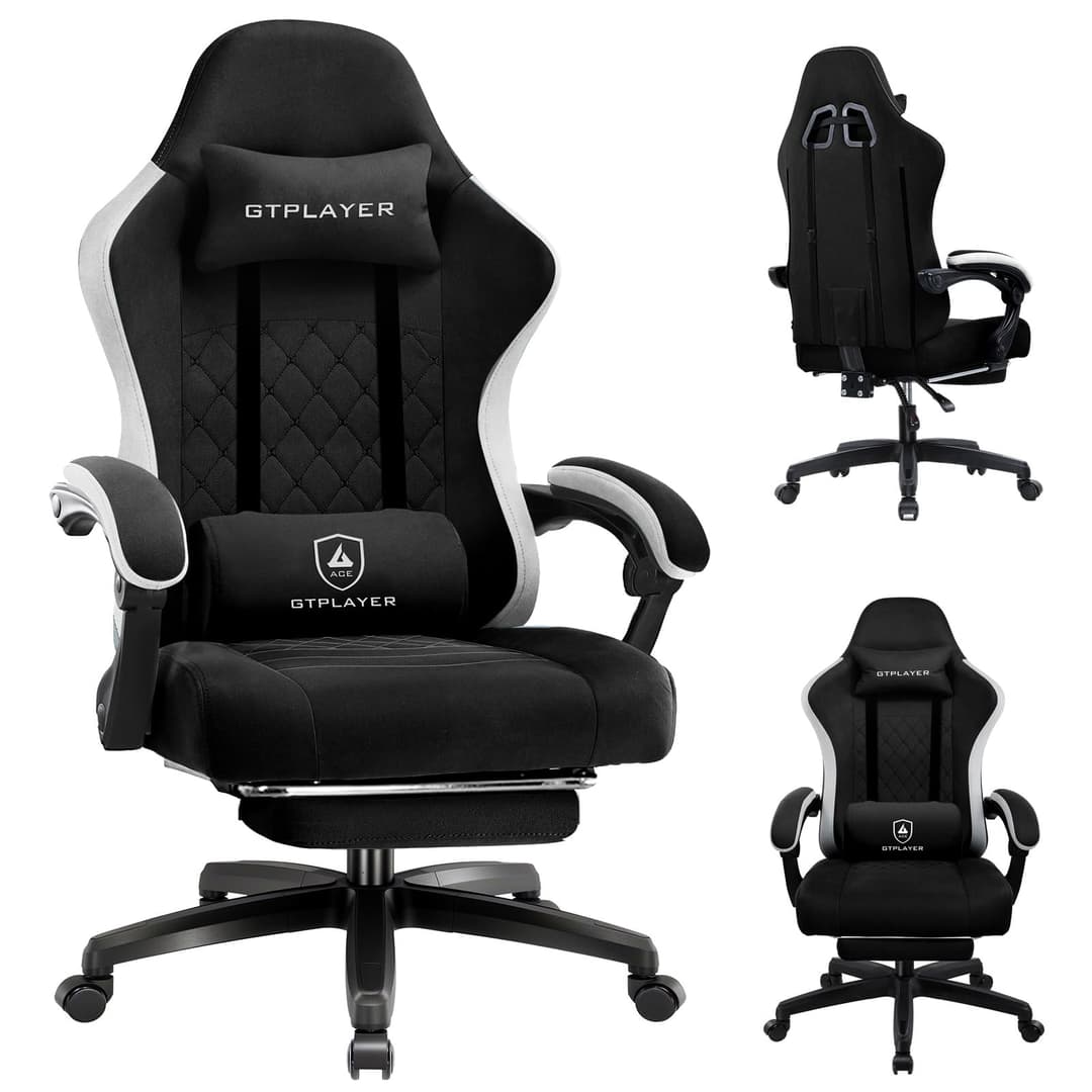 GTPLAYER Gaming Chair, Ergonomic Gaming Chair, Desk Chair with Fabric Surface, Spring Seat Cushion, Connecting Armrests and Footrest, Dark Black