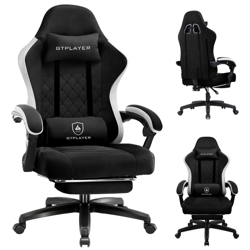 GTPLAYER Gaming Chair, Ergonomic Gaming Chair, Desk Chair with Fabric Surface, Spring Seat Cushion, Connecting Armrests and Footrest, Dark Black - 1