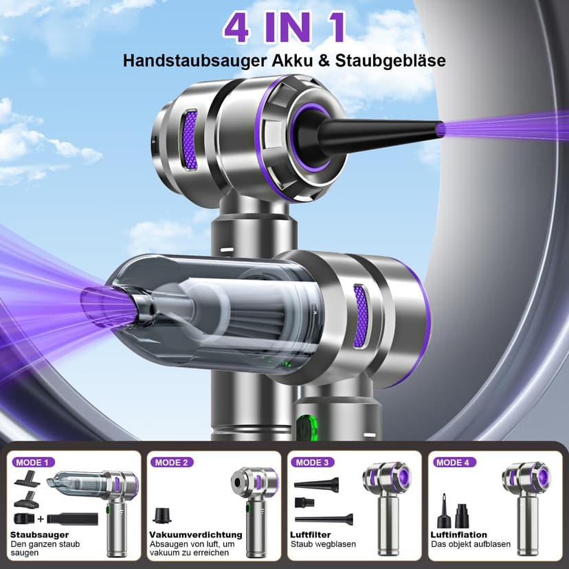 Micisty Aspirateur Voiture 4 en 1 Puissant 28000 PA Aspirateur à Main sans Fil 3 Vitesses 240 000 TR/Min pour Voiture, Cuisine, PC, canapé, Bureau, Maison et Nettoyage des Poils d'animaux - 2