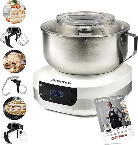G3 Ferrari G20145 Planetary Pastaio Gourmet Pastaio Pastry Processor, 1500 Watts, 5 Liters, Stainless Steel Bowl with Handle, Digital Display, 5 Speed, Timer, Recipe Book Included
