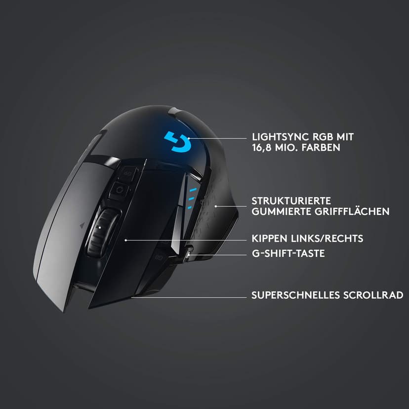 Logitech G502 LIGHTSPEED Wireless Gaming Mouse, HERO 16K Sensor, 16,000 DPI, RGB, Adjustable Weights, 11 Programmable Buttons, Long Battery Life, On-Board Memory, PC/Mac - Black (German Packaging) - 6