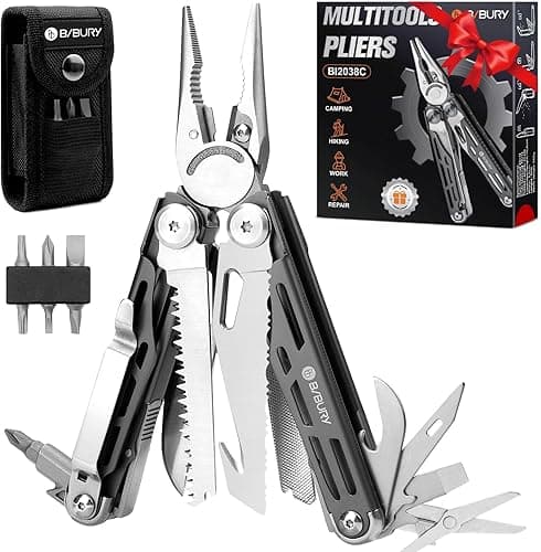 BIBURY Multitools, Titanium Plating Multi Tool Foldable Pliers, Stainless Steel Pocket Tool with Nylon Pouch, Ideal for Camping, Outdoor, Repairing, Hiking - Birthday Gifts for Men Dad - BI2038C