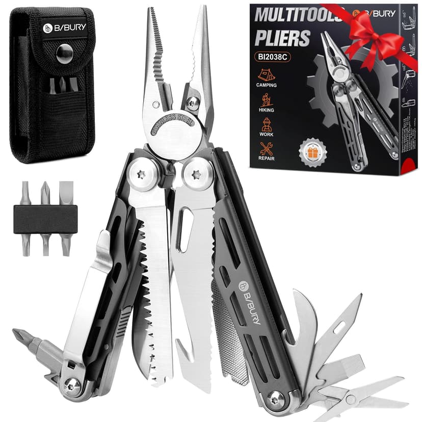 BIBURY Multitools, Titanium Plating Multi Tool Foldable Pliers, Stainless Steel Pocket Tool with Nylon Pouch, Ideal for Camping, Outdoor, Repairing, Hiking - Birthday Gifts for Men Dad - BI2038C - 1