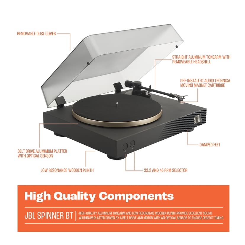 JBL Spinner Bluetooth AptX-HD Record and Vinyl Player for Speakers and Headphones - Black/Gold - JBLSPINNERBTGLDEU - 4