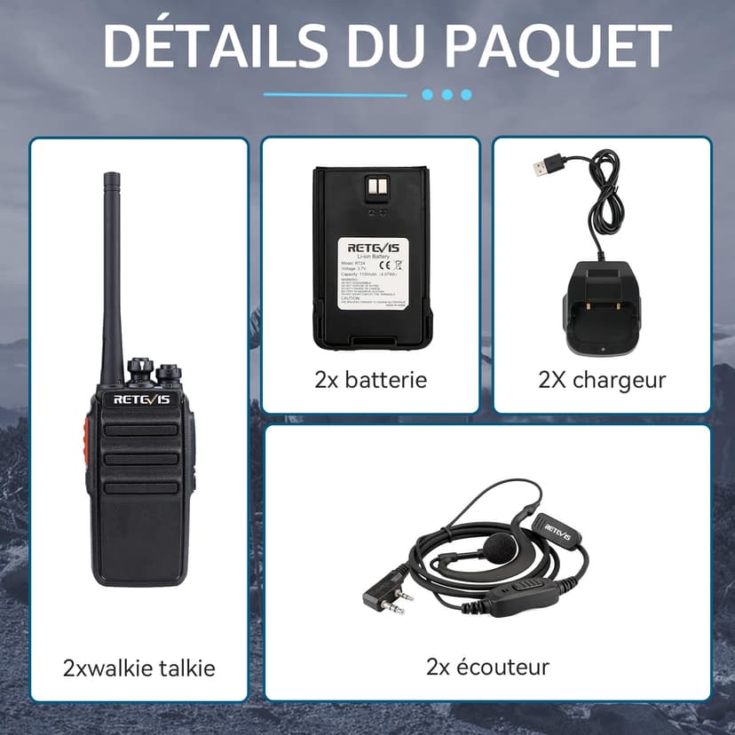 Retevis RT24 Walkie Talkie PMR446 License-free Professional Two Way Radio 16 Channels Walkie Talkies Scan TOT with USB Charger and Earpieces,Adults (Black, 1 Pair) - 7