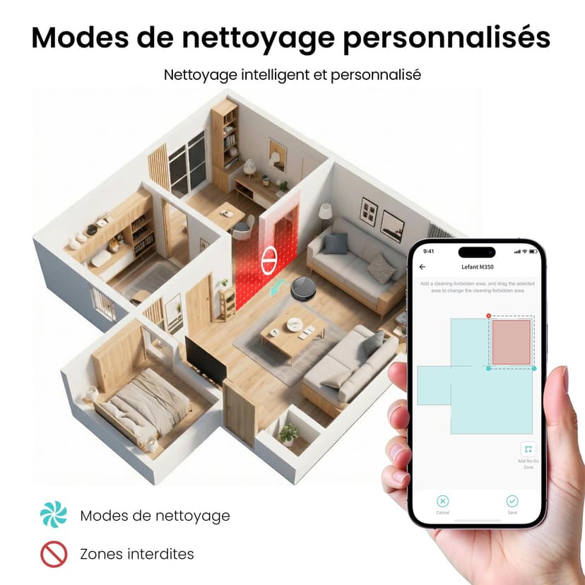 Lefant M350 Robot Aspirateur Laveur avec Station, 3 en 1, 6000Pa, Vidange Automatique, Zones Virtuelles, Navigation Laser avec Cartographie, Idéal pour Les Sols,Tapis Poils d'animaux, WiFi/Alexa/App - 9