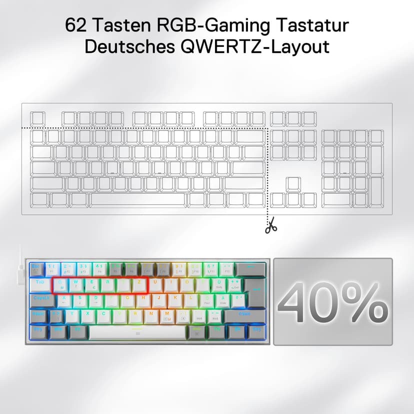 Redragon K617 Fizz 60% German QWERTZ Layout Gaming Keyboard, RGB Wired Gaming Keyboard, 62 Keys, Hot Swap Red Switches, Programmable Buttons, Removable USB Type C Cable - Grey & White - 3