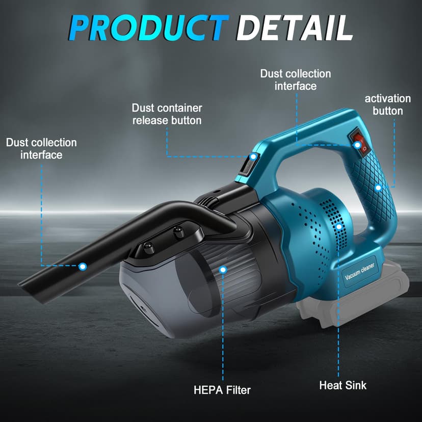 Cordless Handheld Vacuum Cleaner Compatible with Makita Battery 18V 16KPa, 4-in-1 Multi-Function Vacuum Cleaner, Floor Nozzle, 0.7L Dust Container, for Home and Car, Pet Hair (No - 5