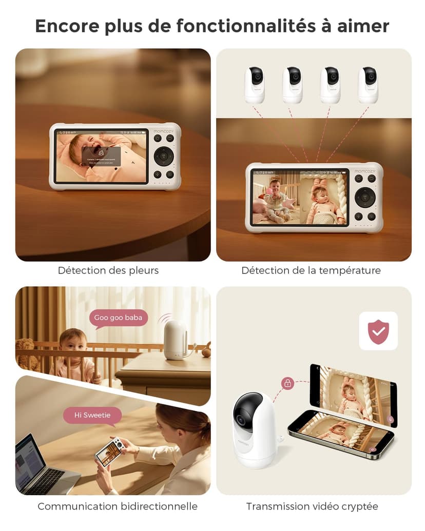 momcozy Moniteur Bébé WiFi 2 Caméra HD 5" 1080P Fixation Murale, Détection Mouvements/Pleurs, Périmètre Sécurisé, Vision Nocturne Claire, Batterie 5000mAh, Interphone 2 Sens, Enregistrement Vidéo​ - 9