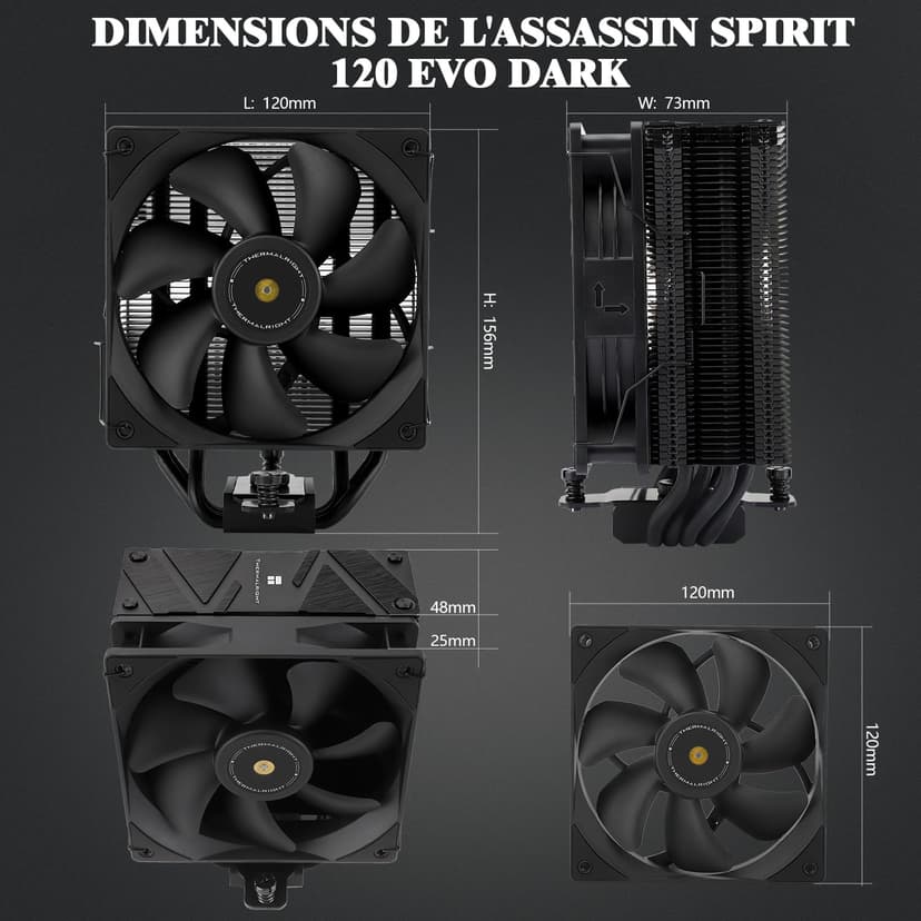 Thermalright Assassin Spirit 120 EVO CPU Cooler, 4 Heat Pipes, 12 cm, Speed 1850 RPM, Black, PWM Fan, Quiet, AMD, AM4, AM5, and Intel 1700, 1150, 1200 - 6
