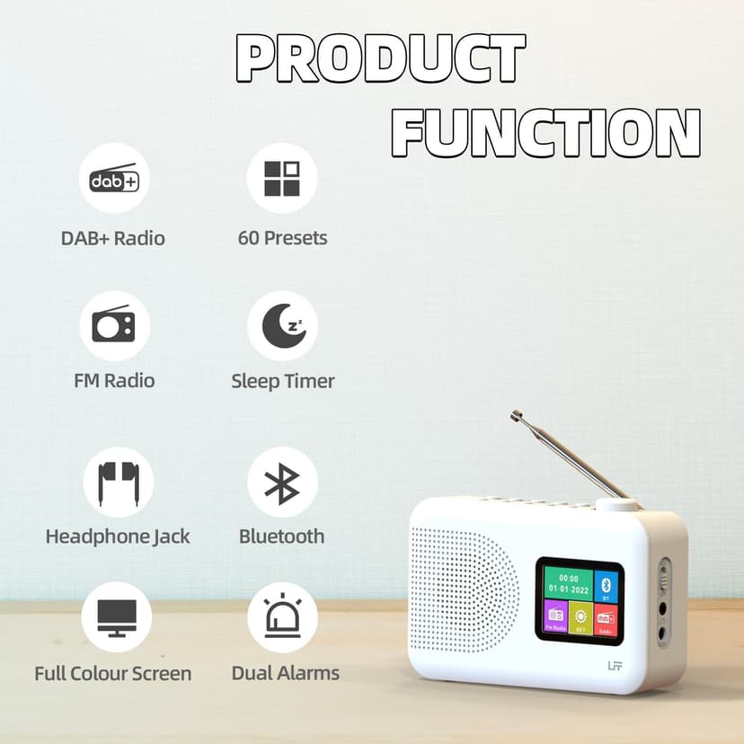 LFF DAB Radio, DAB Plus Radio, UKW-Digitalradio, Küchenradio mit Kabel oder Batteriebetriebenes, Farbdisplay Radios mit Bluetooth - 2
