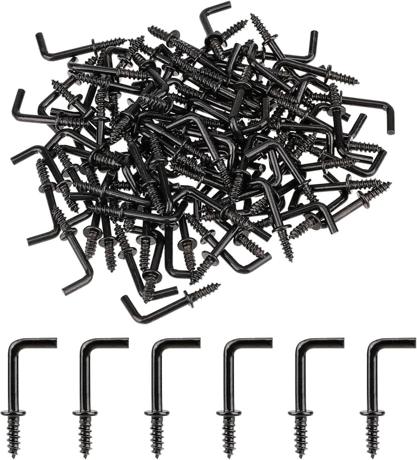 KALIONE 150 Pieces L Hooks Hanging Small Screw Hooks Mini L Shaped Hooks Small Right Angle Hooks Mini Metal Screw in Hooks Screw Hooks for Hanging (Black) - 1
