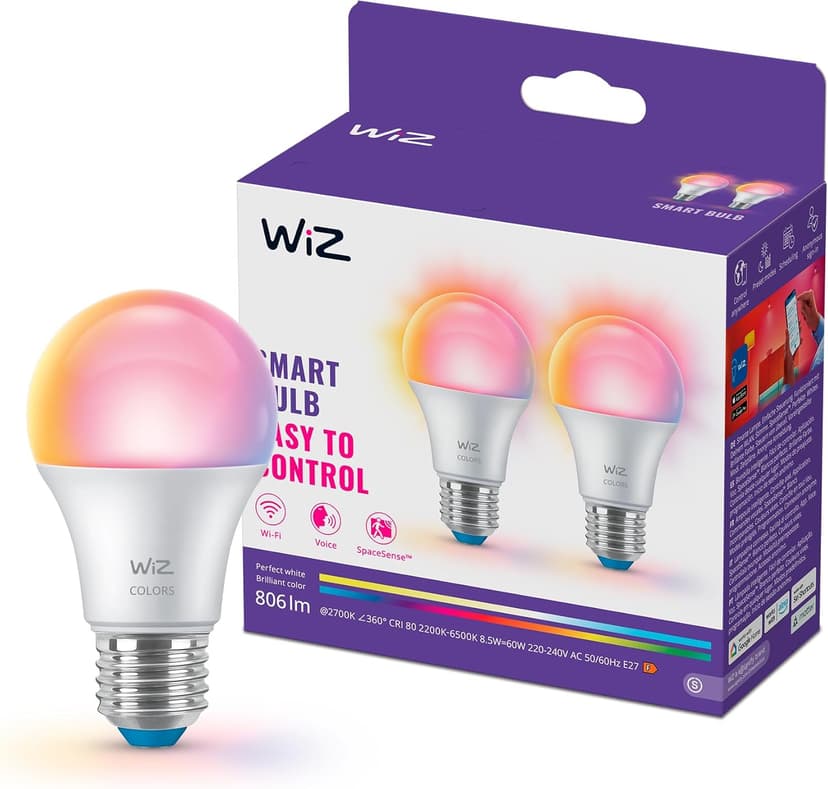 WiZ Ampoule LED connectée A60, Multicolore et Blanc ajustable, Culot E27, Équivalent 60 W, 2200-6500 K, 806 lumens, Intensité réglable, Compatible Alexa, Google Assistant et Apple Home, pack de 2 - 1