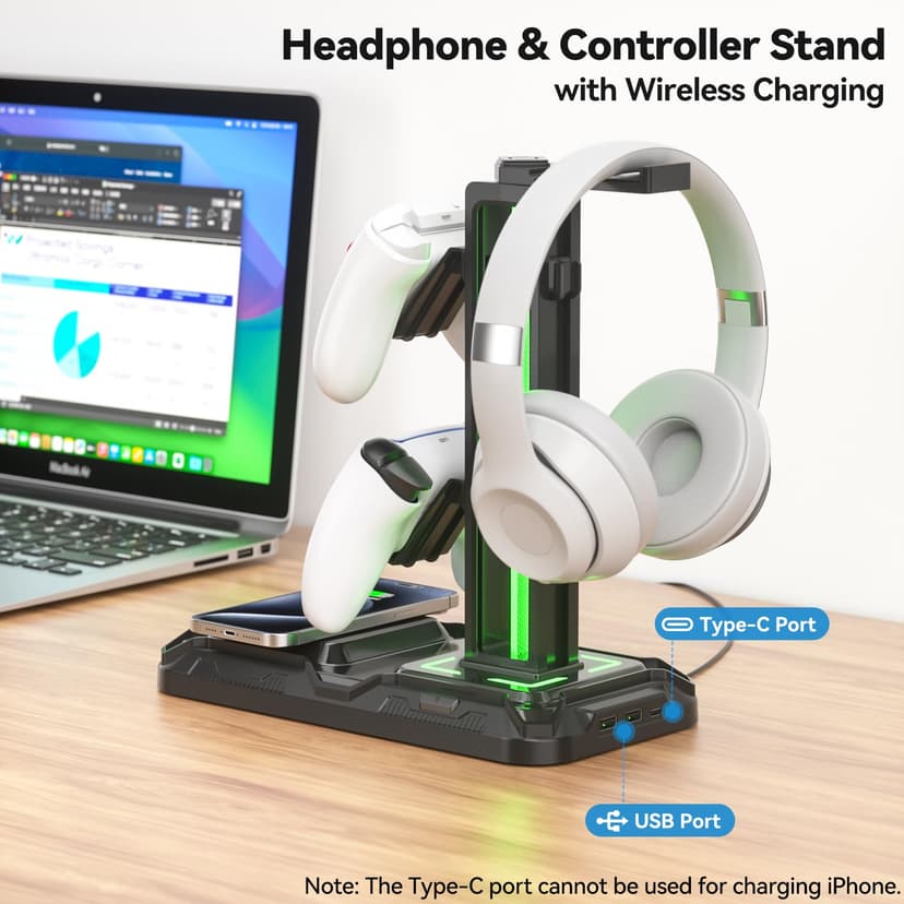 KDD Headphone Stand - Rotatable Controller Holder with Wireless Charging & 9 Light Modes, Gaming Headset Stand with 2 USB and Type C Ports - Controller Stand for Gamers Desktop Accessories (Black) - 2