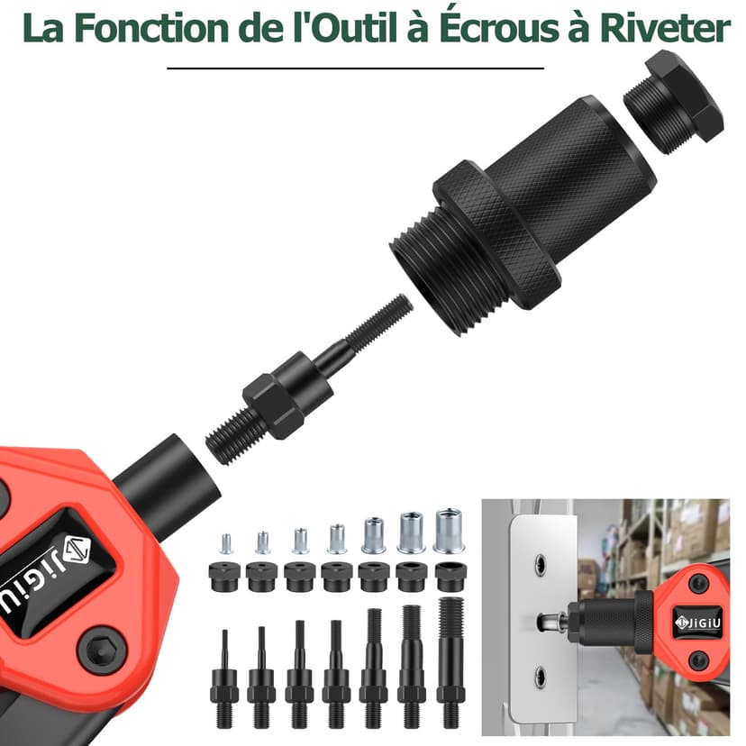 JiGiU 2 in 1 Rivet Nut Tool and Rivet Gun, Professional Hand Rivnut Gun Rivet Nut Gun Tool Heavy Duty Rivnut Tool Kit with M3 M4 M5 M6 M8 M10 M12 & 3.2/4.0/4.8/6.0/6.4 Rivet Heads,110 Nuts & 50 Rivets - 7