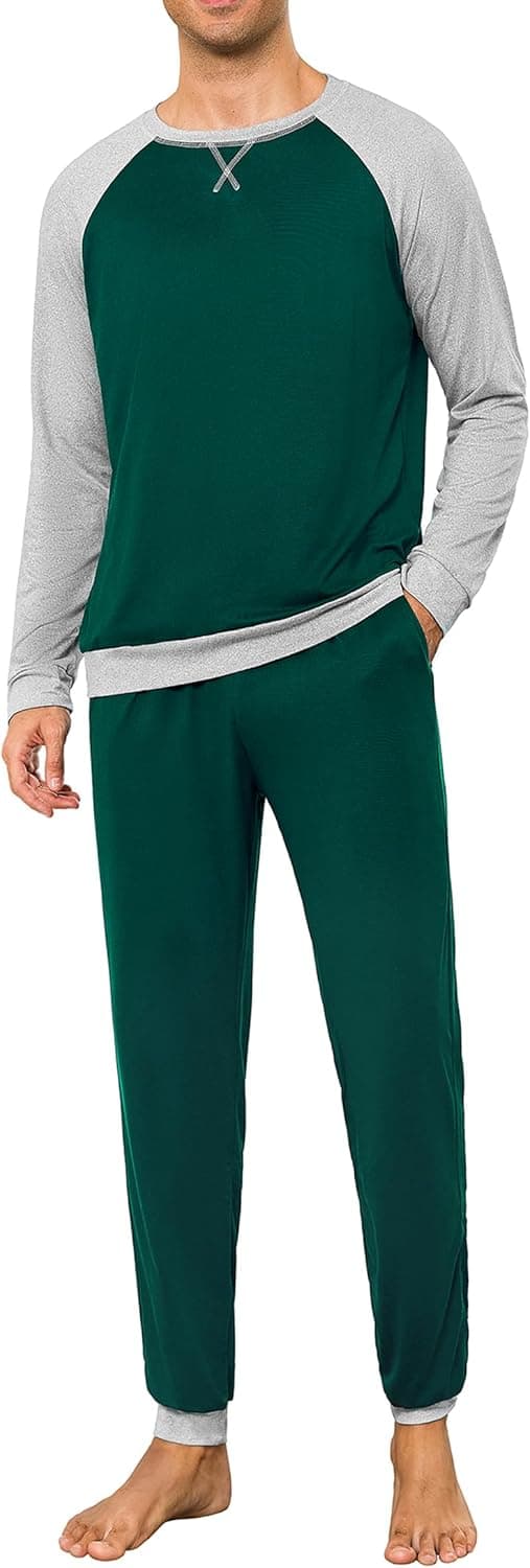 Mens Pyjama Set Winter Pajamas Henley Shirt Plain Color Nightwear For Men Long Sleeve Pjs Top and Full Length Loungewear Bottom With Pockets S-3XL - 1