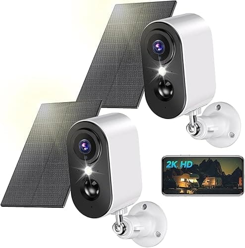2K Outdoor Surveillance Camera Battery Solar Panel Camera Surveillance Outdoor WiFi Colour Night Vision Wireless Cameras Outdoor Indoor PIR Motion Detection IP66 2.4GHz 2