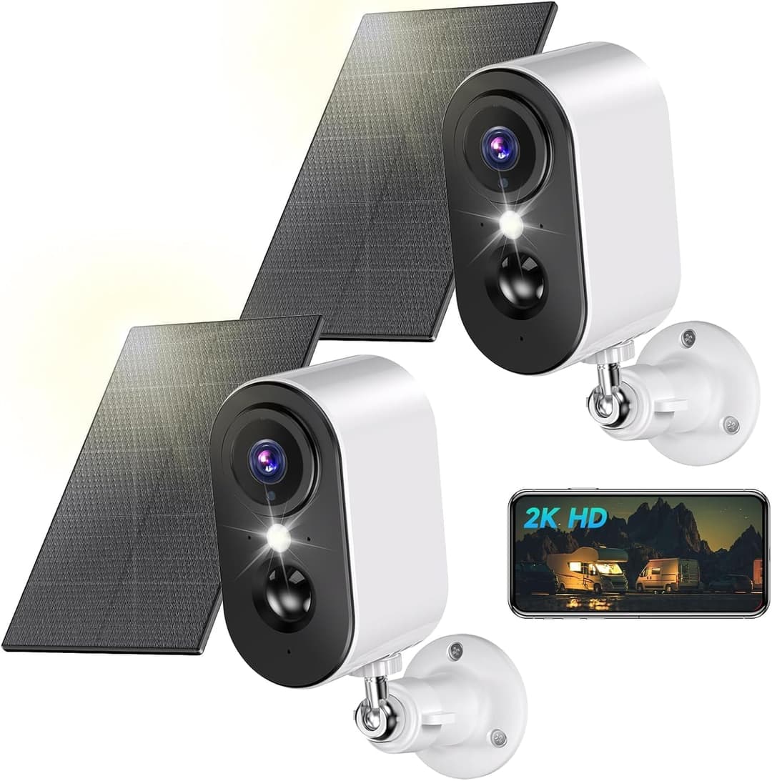 PESAIR 2K Camera Surveillance WiFi avec Panneau Solaire - Caméra Surveillance WiFi Exterieure sans Fil Batterie, Vision Nocturne Couleur, Extérieure/Intérieure, PIR Détection Mouvement, IP66, 2 Pack