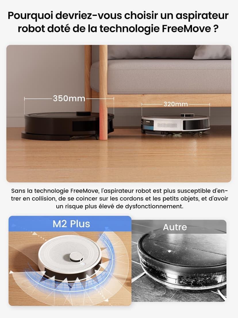 Lefant M2 Plus Robot Aspirateur Laveur 6000Pa avec Station Vidage Automatique Poussière,Navigation Laser avec Cartographie,Évitement d'obstacles PSD,140min,Idéal pour Poils d'animaux - 3