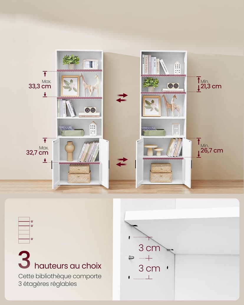 VASAGLE Bookcase, 6-Tier Tall Bookshelf, Book Shelf with Doors, Shelving Unit, 24 x 60 x 175 cm, for Living Room, Home Office, Dinning Room, Cloud White LBC402W01 - 3