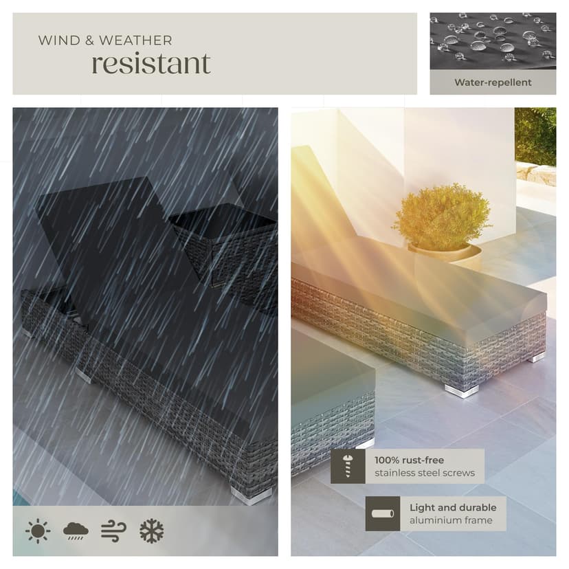 tectake® 3PC Rattan Sun Lounger with Aluminium Frame, Garden Furniture Set with 2 Loungers, Including Side Table, Cushions and 2 Cover Sets, 5-level Reclining Garden Chair - grey - 8
