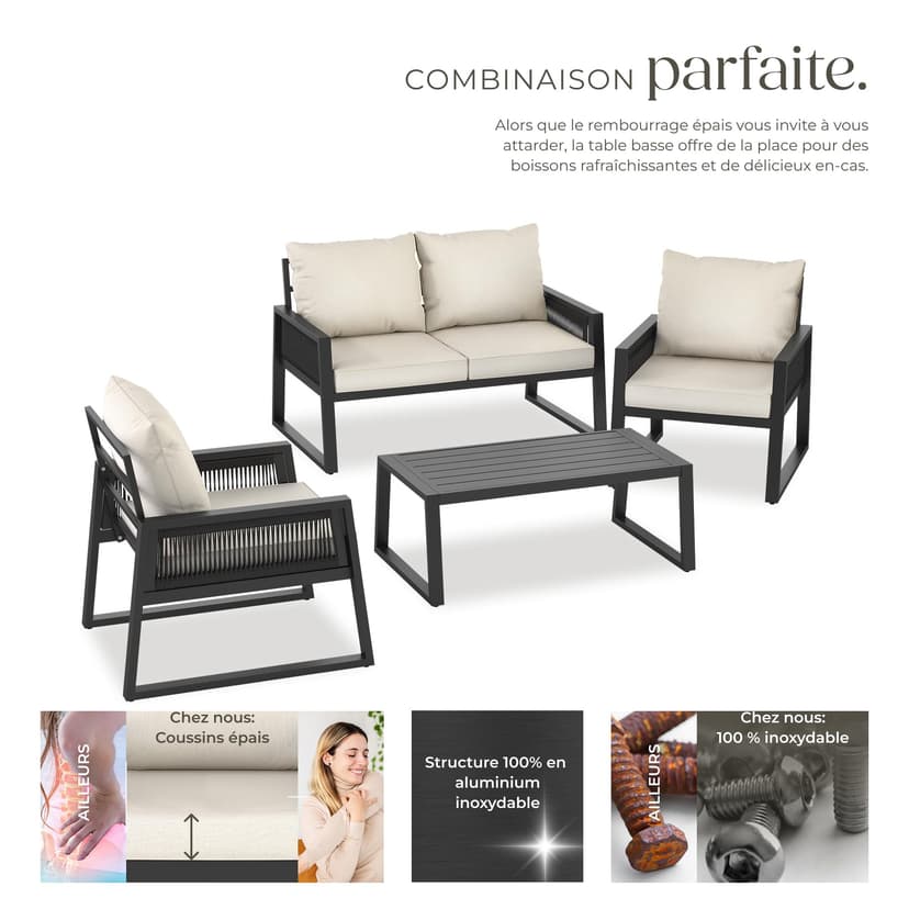 tectake® Ensemble Salon de Jardin Exterieur 4 Personnes en Aluminium Canapé 2 Places 2 Fauteuil Salon et 1 Table de Jardin, Coussins Inclus, Mobilier Amenagement Balcon Terrasse Veranda - 3