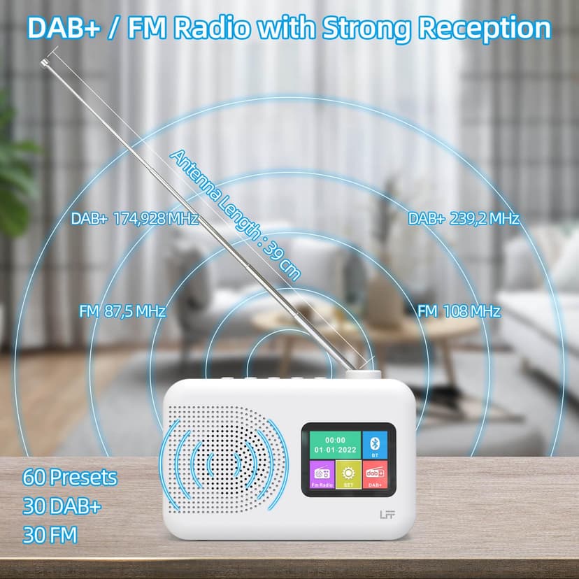 LFF DAB Radio, DAB Plus Radio, UKW-Digitalradio, Küchenradio mit Kabel oder Batteriebetriebenes, Farbdisplay Radios mit Bluetooth - 6