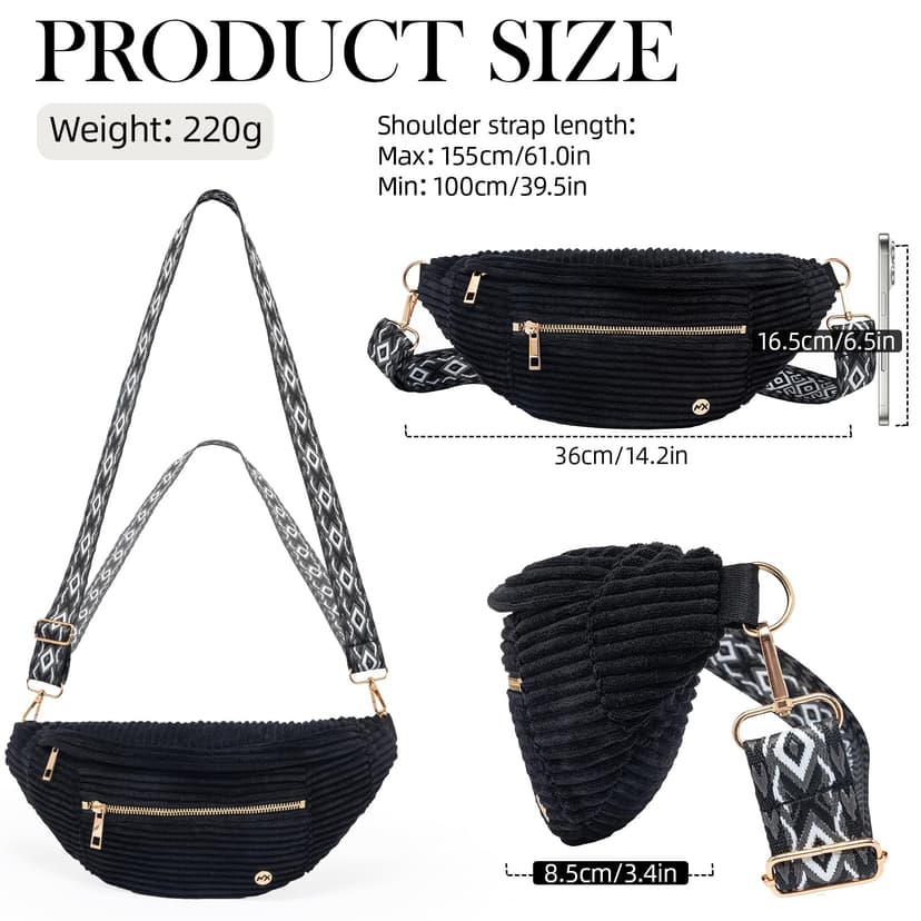 MAXTOP Crossbody Bag Women's Shoulder Bag Made of Soft Corduroy with Ethnic Woven Strap – Versatile Shoulder Bag & Waist Bag for Everyday Use, Office & Travel, Adjustable, Black, Gemiddeld - 3