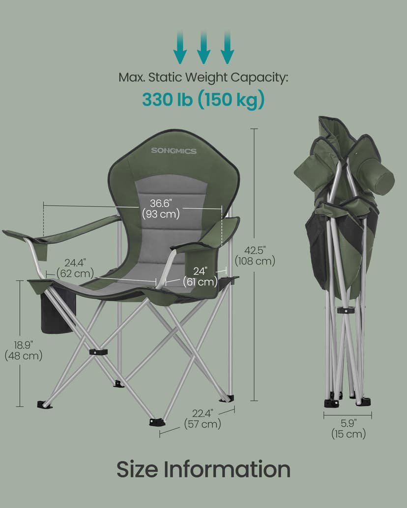 SONGMICS Set of 2 Camping Chairs, Folding Outdoor Chairs with Wide Seat and High Back, Portable Garden Picnic Chairs with Cup Holder, Phone Holder and Side Pocket, Green and Grey GCB005CD01-2J - 6