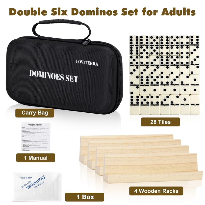 LOVITERRA Double 6 Dominos Set for Adults, Durable 28 Tiles Dominos with 4 Wooden Racks and Carrying Case,Classic Board Games,Portable Travel Game - 7