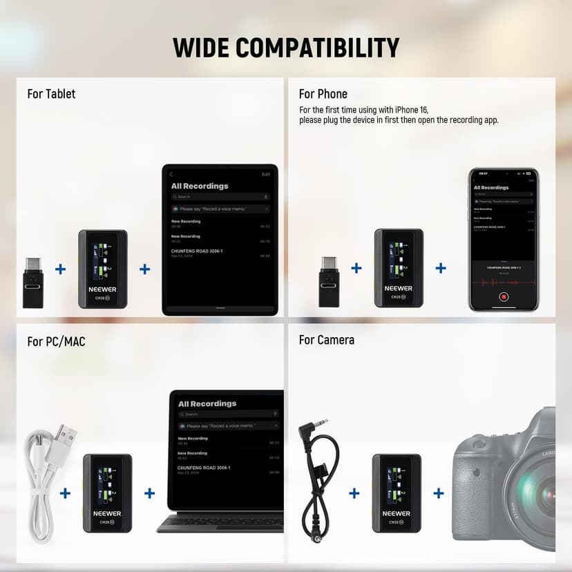 NEEWER CM28 Wireless Lavalier Microphone System with Charging Case, 2 Mic Clips, 1 Click Noise Canceling, 4GB Storage, 9H Playtime, Lavalier Lapel Mic Compatible with iPhone/Android/PC/Camera - 7